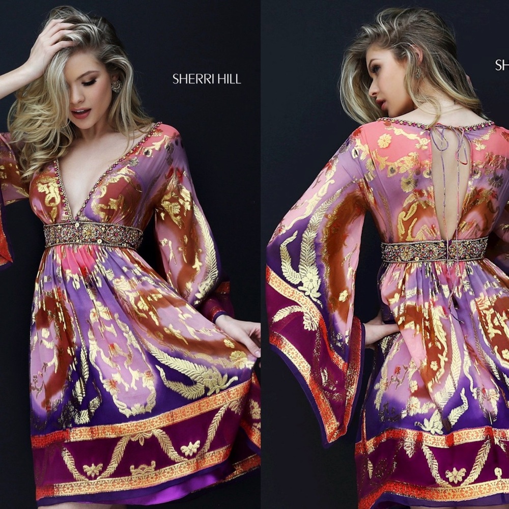 Sherri Hill Purple and Gold Metallic V-Neck Mini Dress
